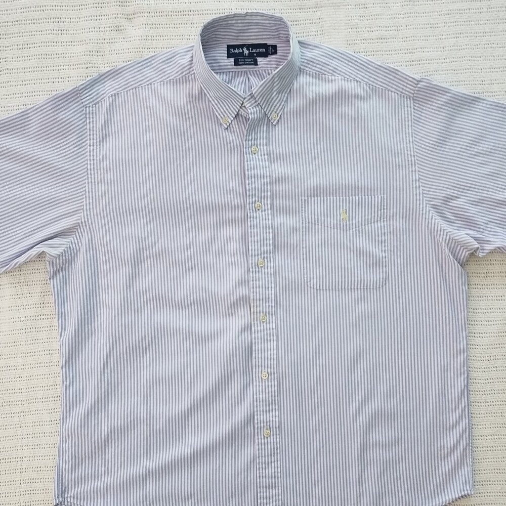 Ralph Lauren Men's Button-Up Short-Sleeve Shirt - GRAY/WHT - LG (VGC)